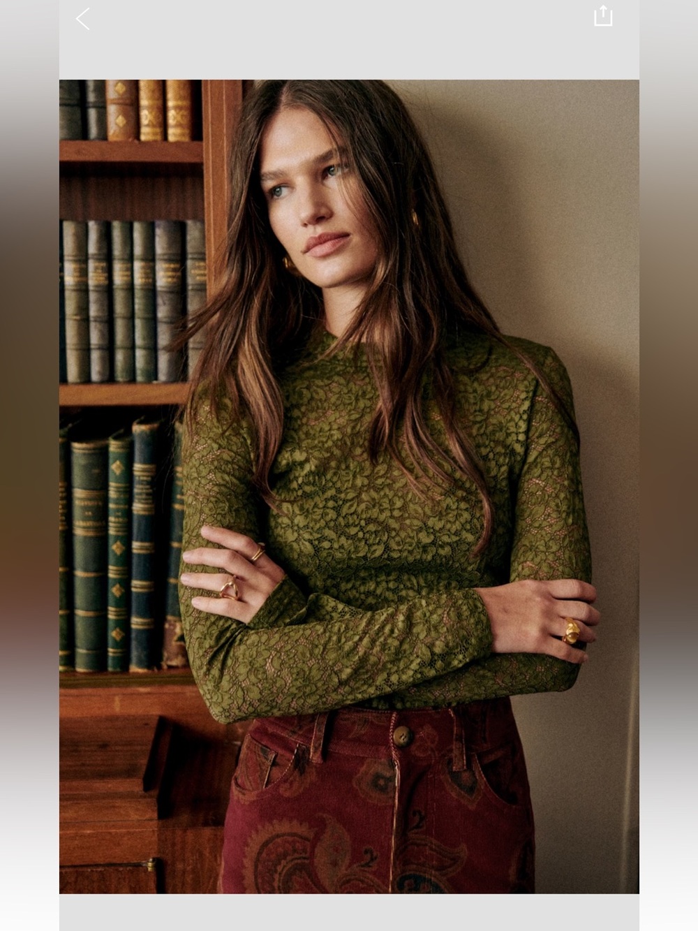 Sezane Taori Olive Green Lace Long-Sleeve Top, NWT!